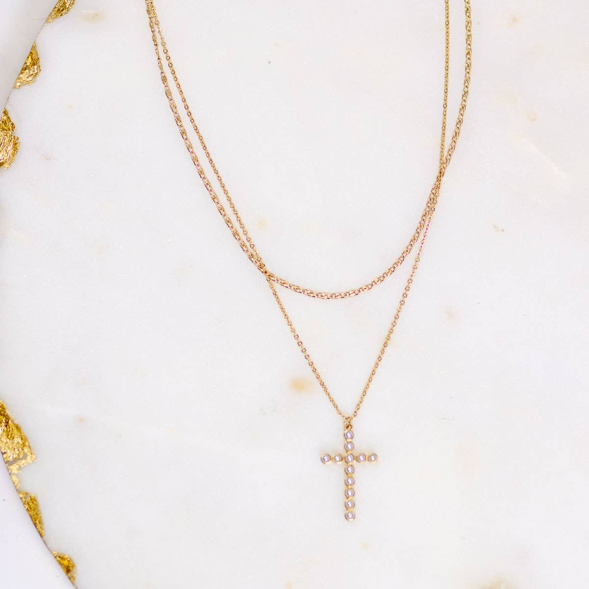 Pearl Cross Layered Necklace Gold/White 15"/17"