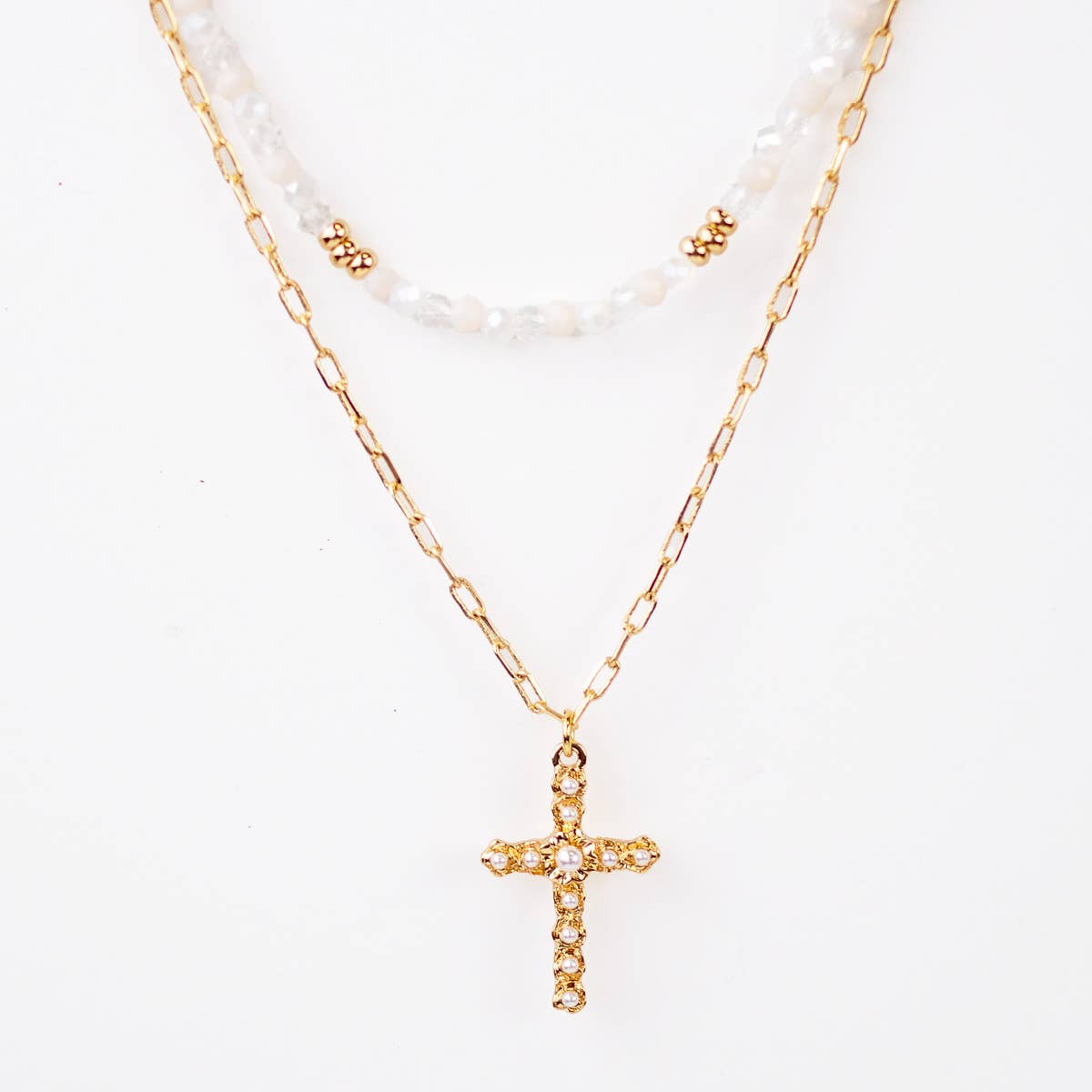 Eve Cross Layered Necklace   Gold/White   14/16"