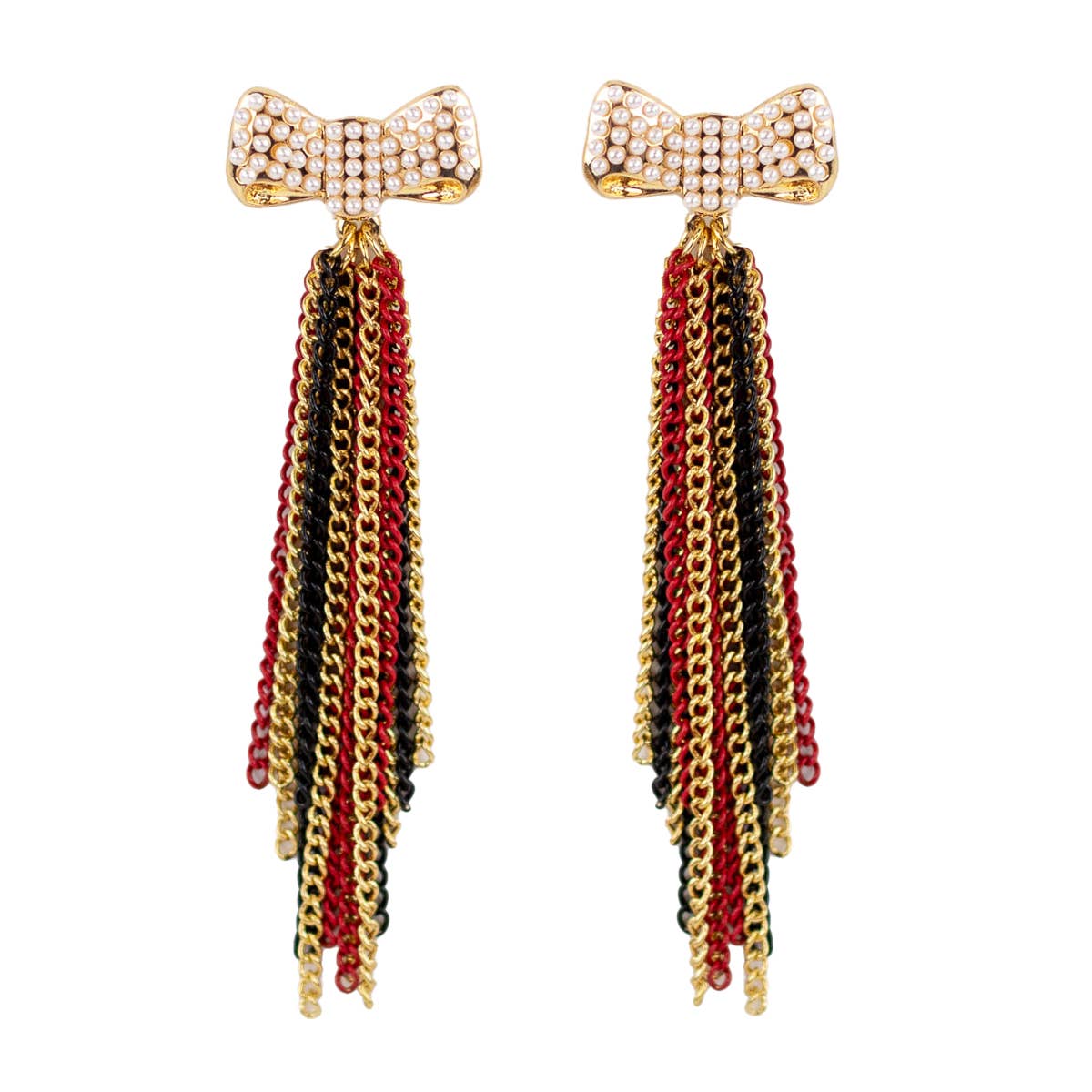 Bow Dangle Earrings   Red/Black/Gold   3"
