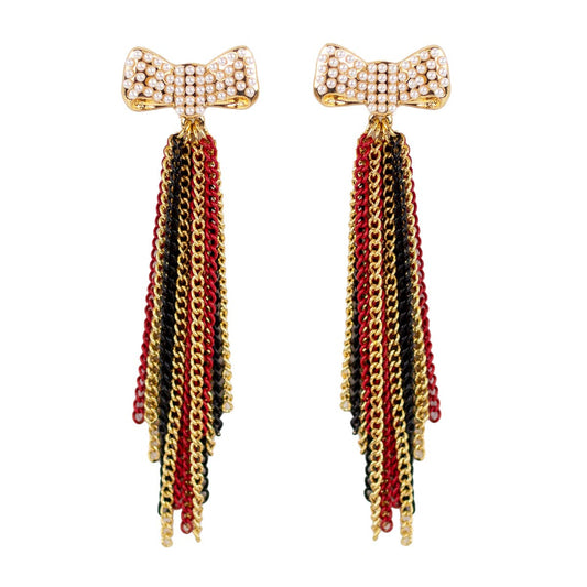 Bow Dangle Earrings   Red/Black/Gold   3"