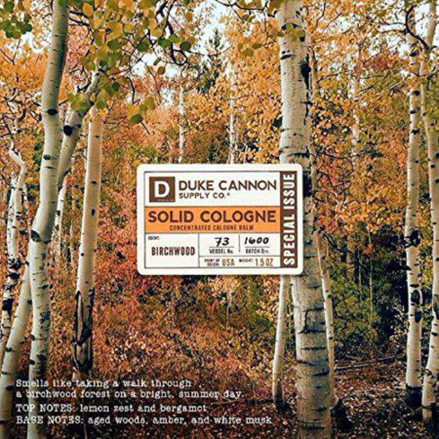 Duke Cannon Supply Co. Solid Cologne for Men Birchwood (Lemon Zest, Bergamot, Amber, White Musk Scent)