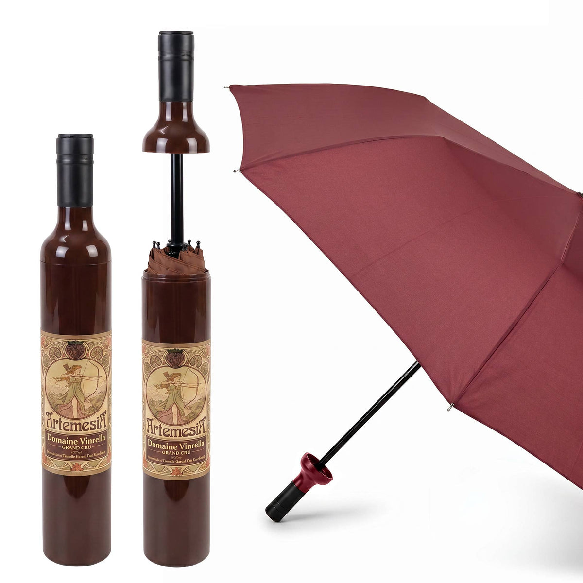 Artemesia Burgundy Wine Bottle Umbrella - Art Nouveau Label