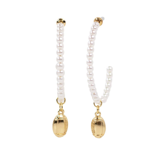 Football Pearl Hoop Earrings   White/Gold   1.5"