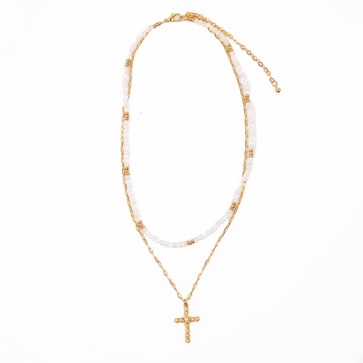 Eve Cross Layered Necklace   Gold/White   14/16"