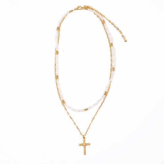 Eve Cross Layered Necklace   Gold/White   14/16"