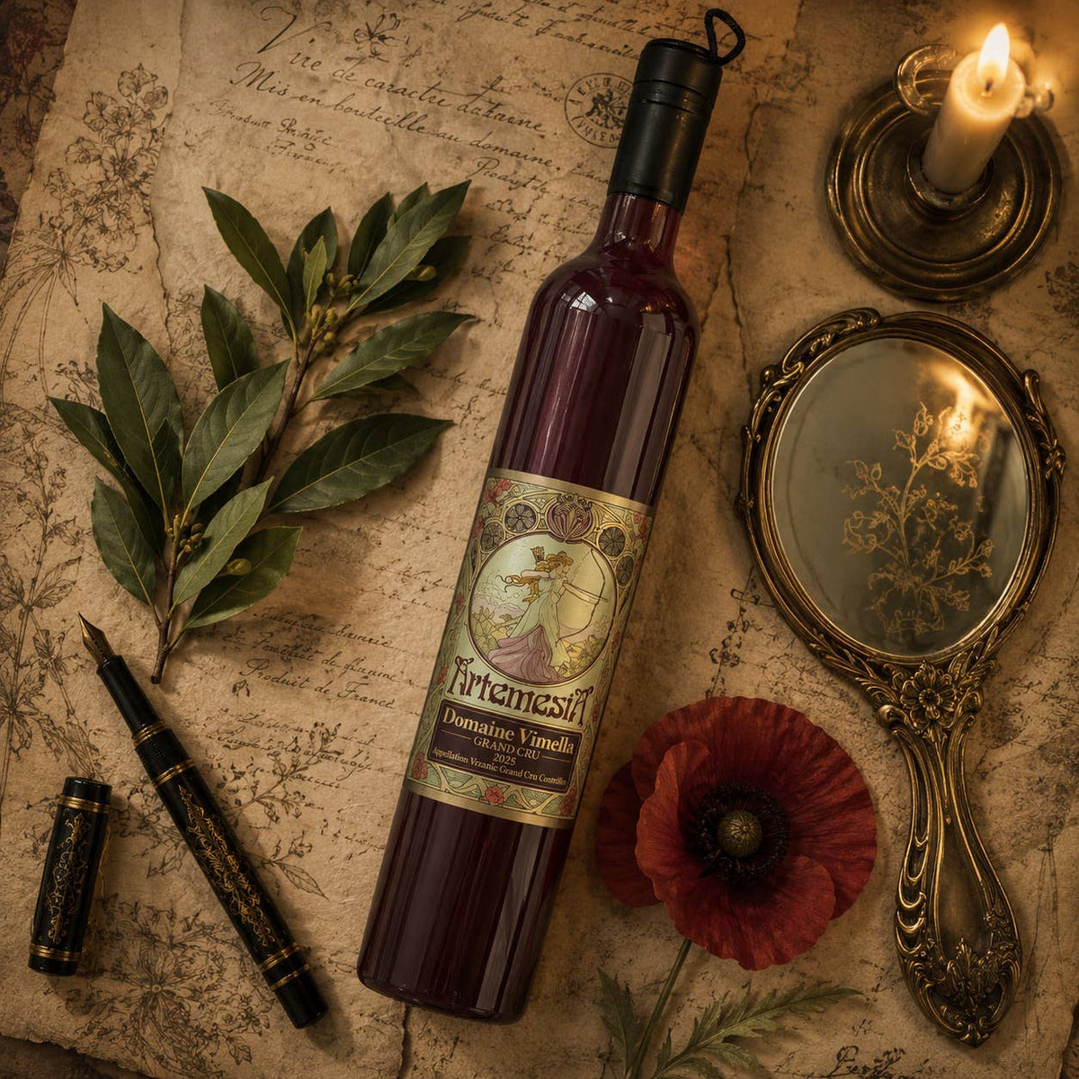 Artemesia Burgundy Wine Bottle Umbrella - Art Nouveau Label