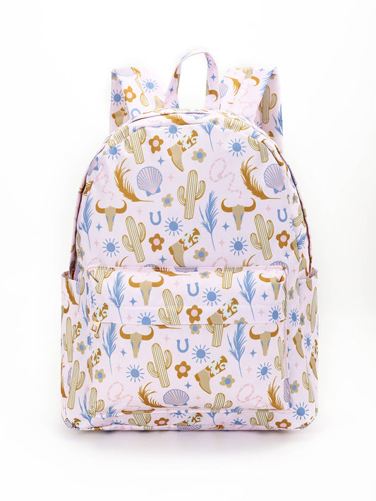 Kids Western Backpack With Cactus Boots Print