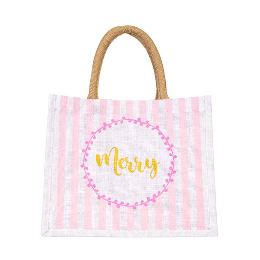 Merry Stripe Gift Tote   Pink/White/Gold   12x10x8