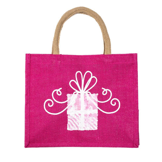 Glitzy Present Gift Tote   Hot Pink/Light Pink/White   12x10x8