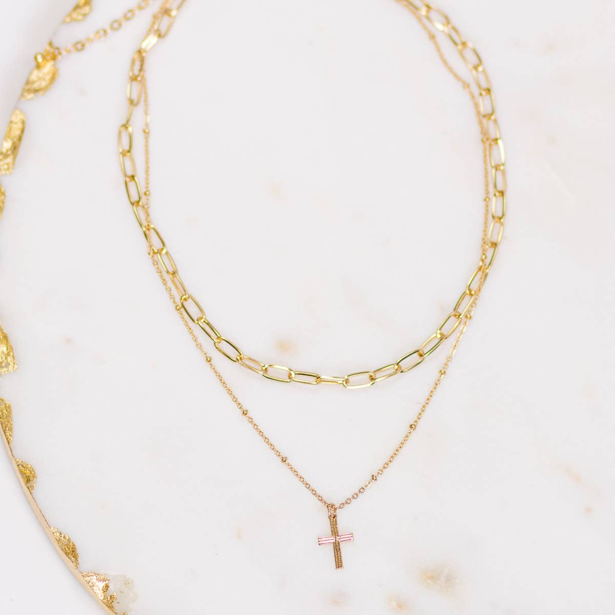 Clayton Cross Layered Necklace   Gold   16"/18"