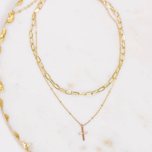 Clayton Cross Layered Necklace   Gold   16"/18"